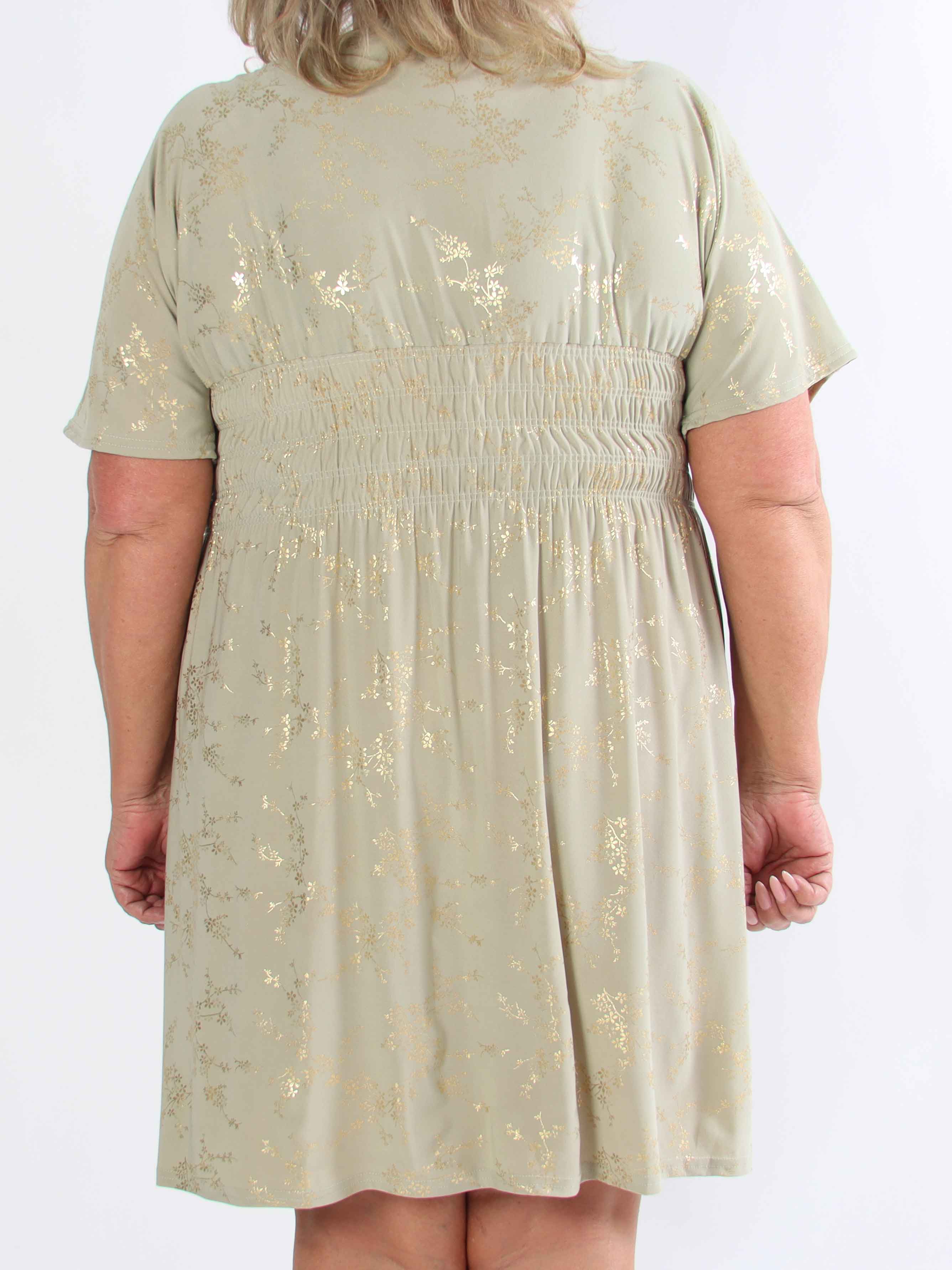 Pams Gold Short - Elastisk plus size kjole detaljeret med guld blomster